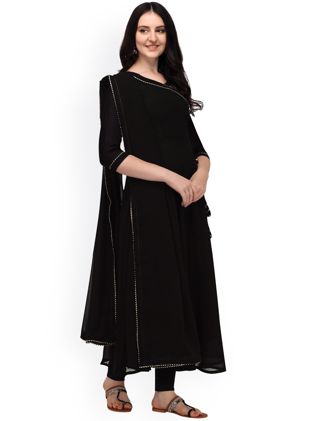

FabFairy Georgette Gotta Patti Angrakha Anarkali Kurta With Attached Dupatta, Black