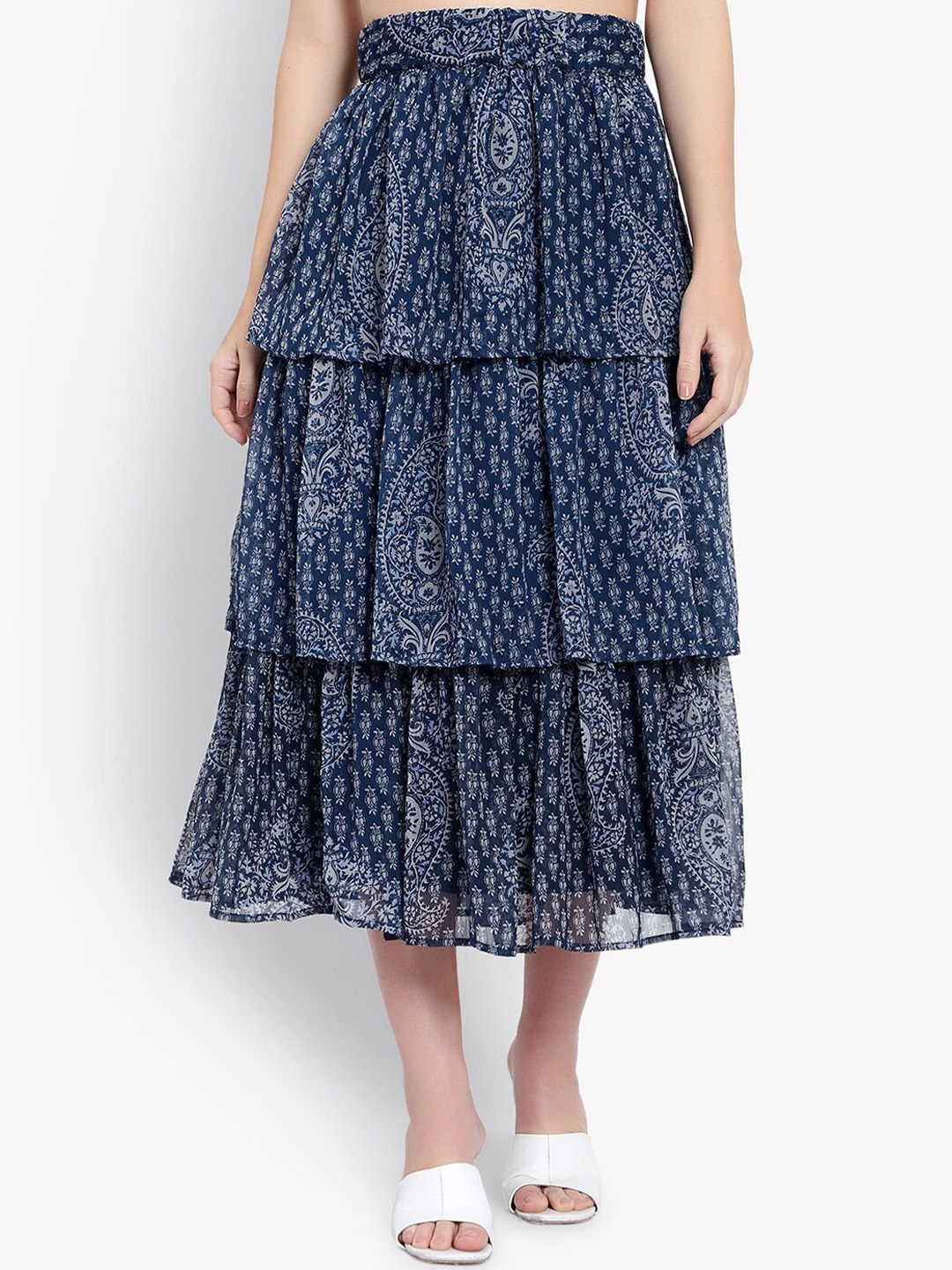 

DRIRO Paisley Printed Georgette Tiered Midi Skirt, Blue