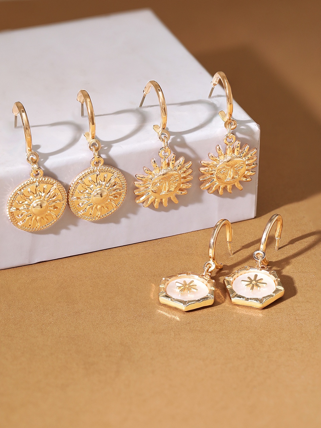 

Rubans Voguish Set of 3 18k Gold-Plated Circular Drop Earrings