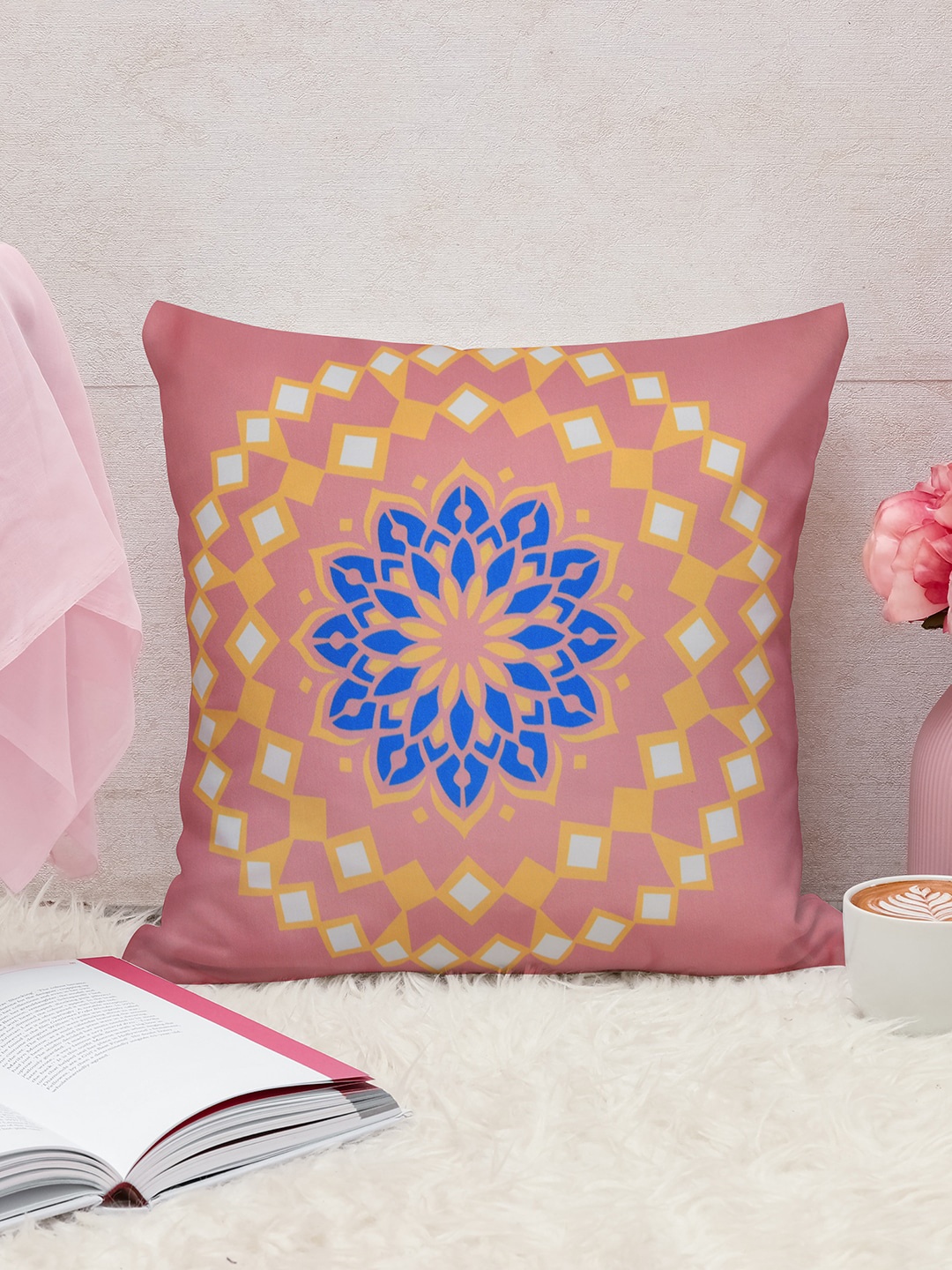 

Athome by Nilkamal Pink & Blue Ariel Mandala Printed Satin Pre-Filled Cushion
