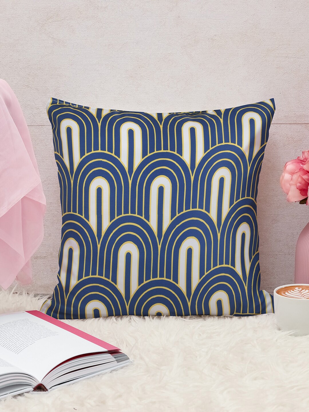 

Athome by Nilkamal Navy blue & Yellow Printed Satin Pre-Filled Cushion