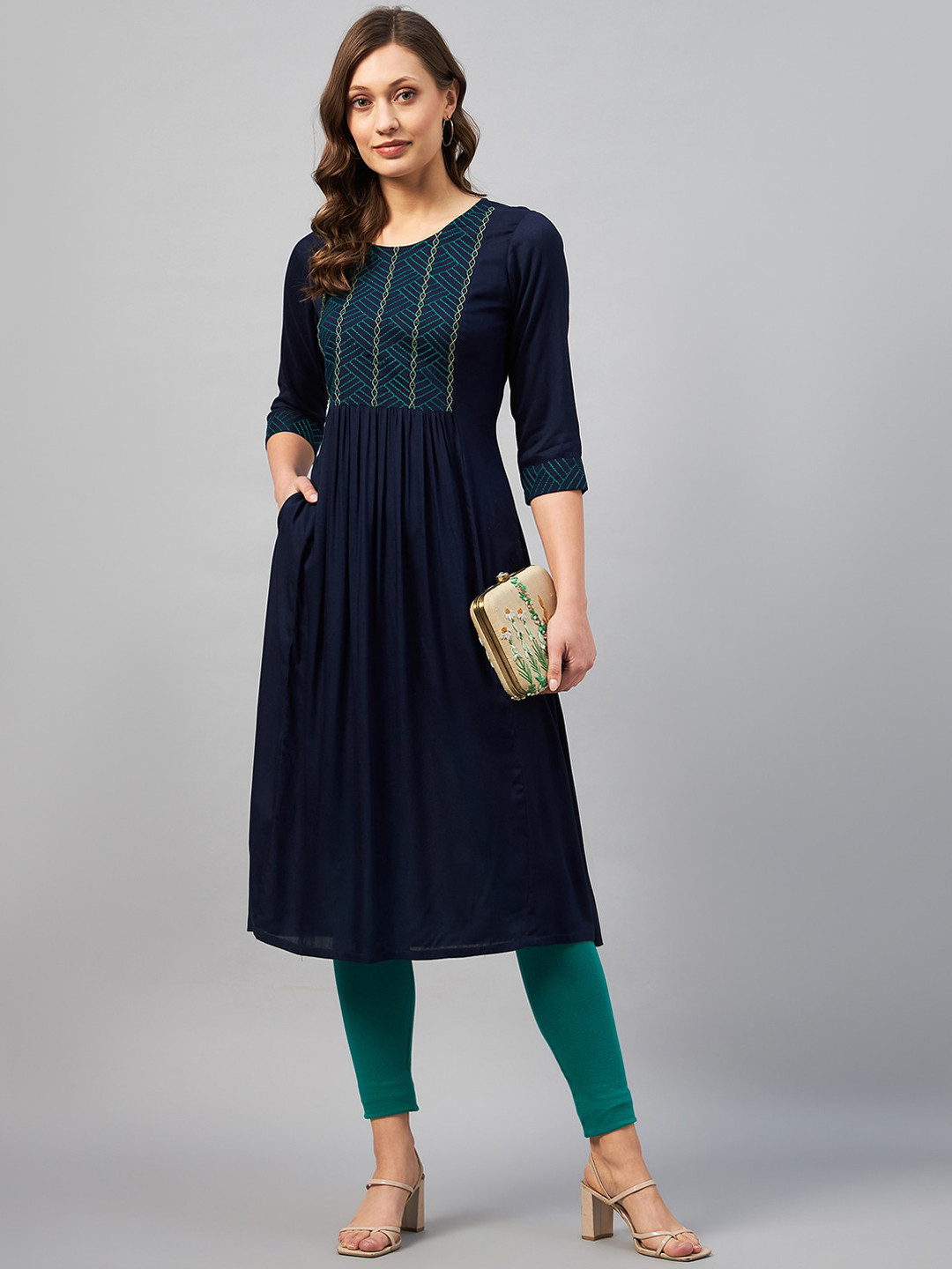 

Azira Geometric Embroidered Round Neck A-Line Kurta, Navy blue