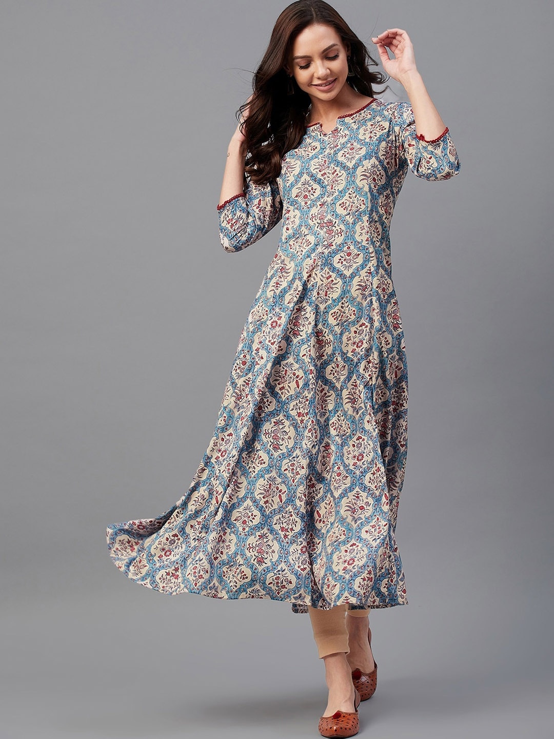 

Azira Floral Printed Crepe Notched Collar A-Line Kurta, Beige