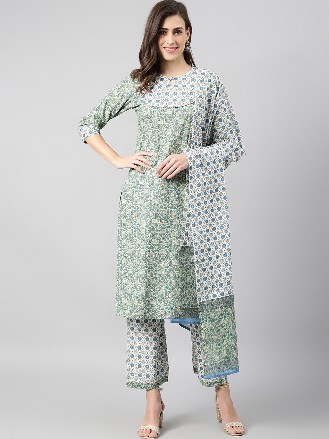 

Azira Keyhole Neck Floral Printed Pure Cotton Kurta with Trousers & Dupatta, Green