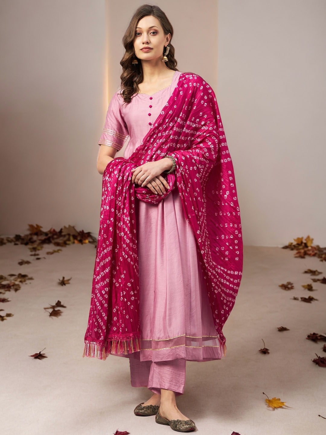 

Azira Short Sleeves V-Neck Anarkali Kurta with Trousers & Dupatta, Pink