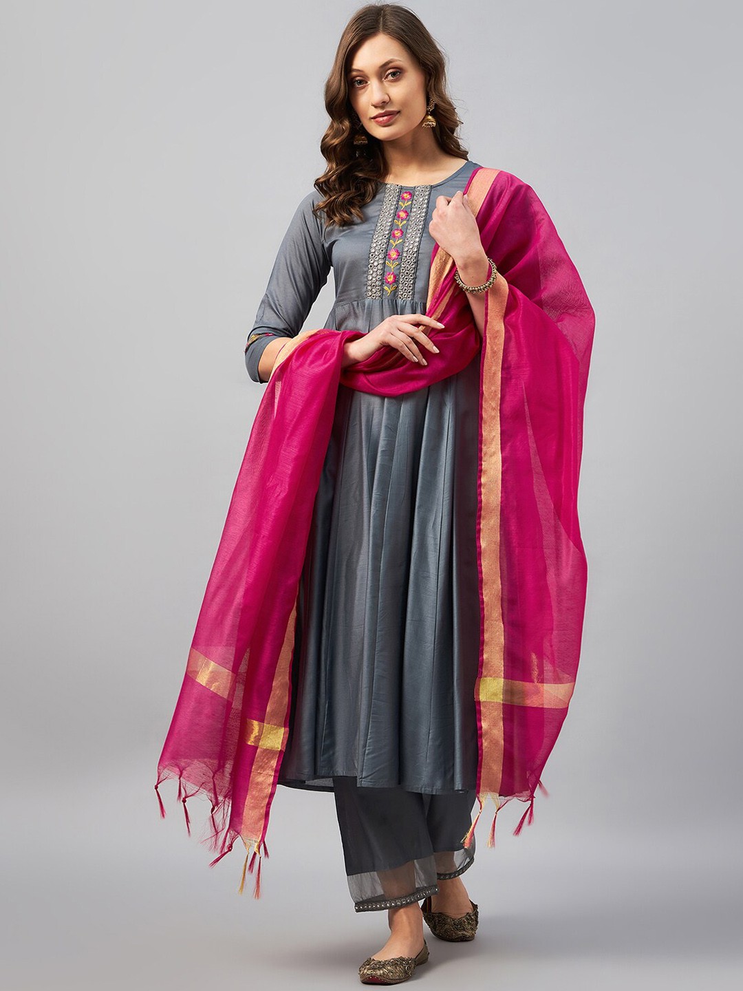

Azira Ethnic Motifs Embroidered Pleated Mirror Work Kurta with Trousers & Dupatta, Grey