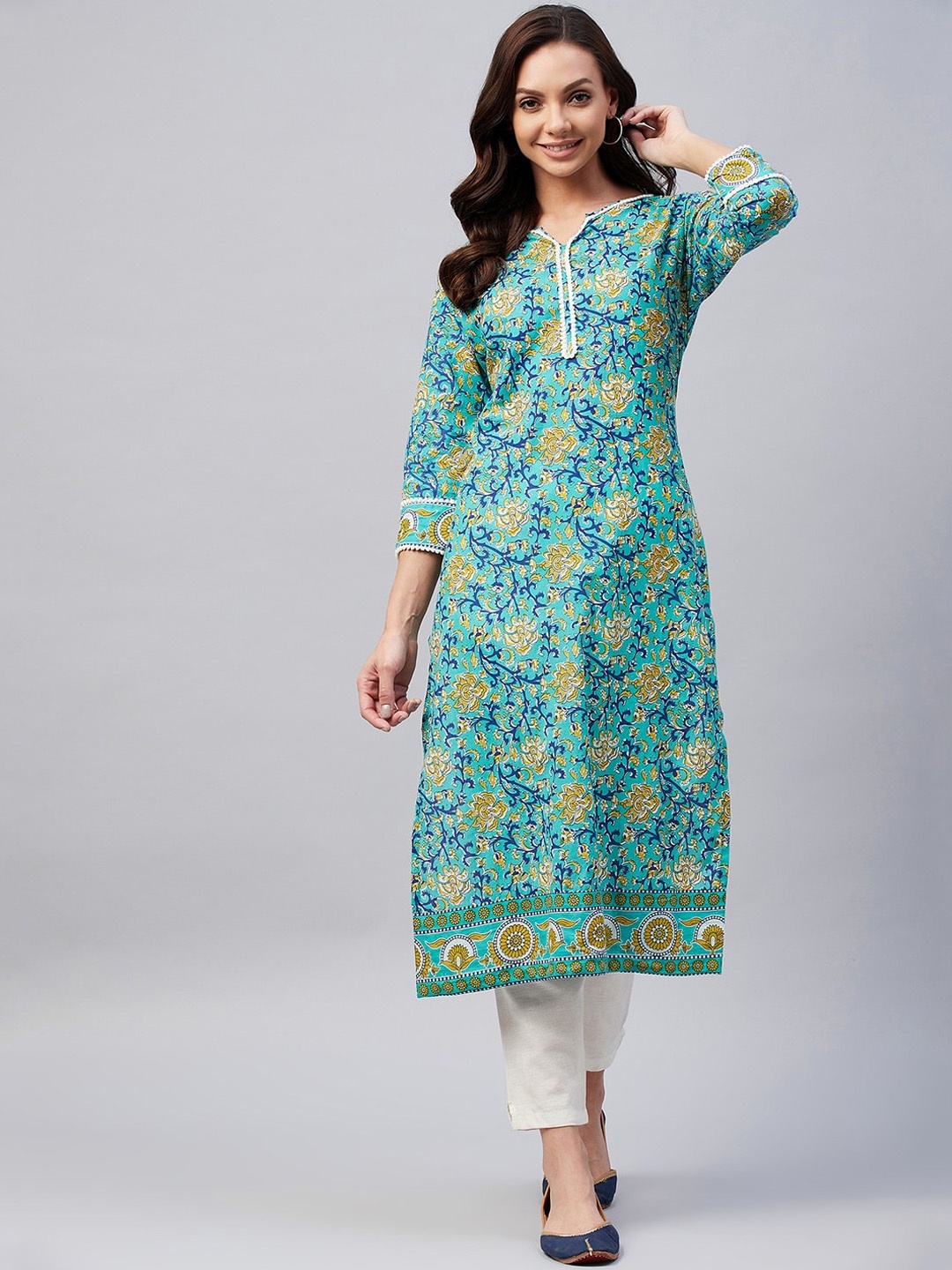 

Azira Printed Cotton Round Neck Kurta, Teal