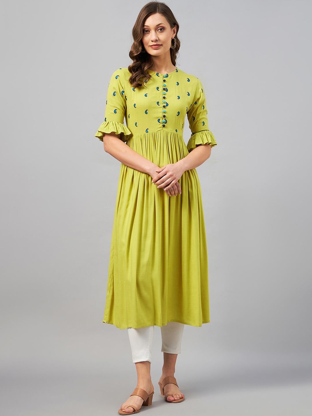 

Azira Paisley Printed Anarkali Kurta, Green