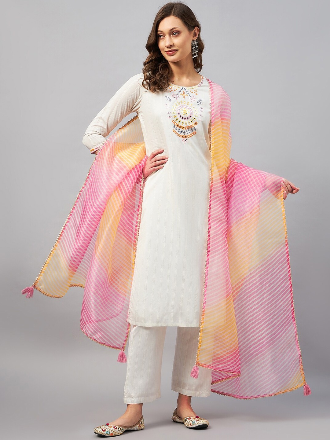 

Azira Embroidered Mirror Work Pure Cotton Kurta with Trousers & Dupatta, White