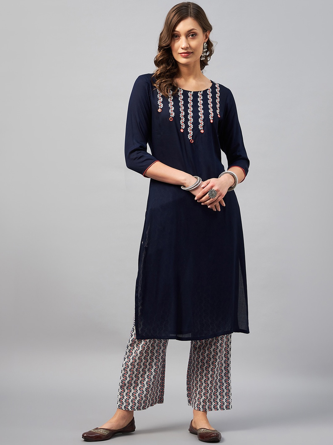 

Azira Floral Embroidered Thread Work Kurta with Palazzos, Navy blue