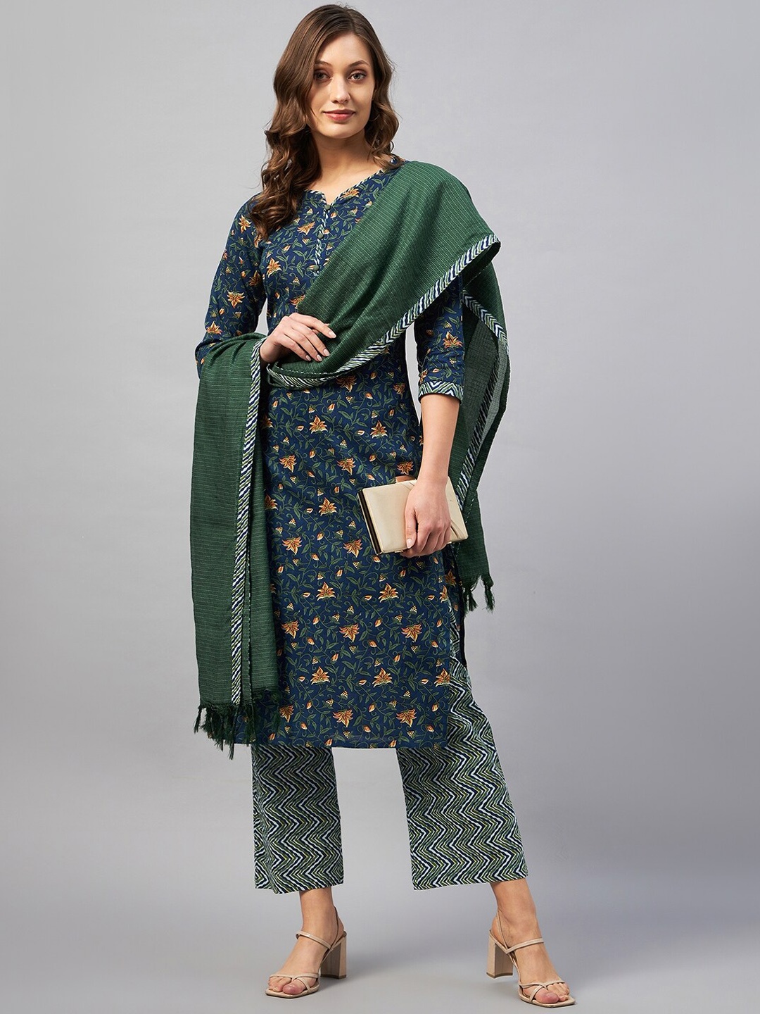 

Azira Floral Printed Pure Cotton Kurta with Trousers & Dupatta, Blue