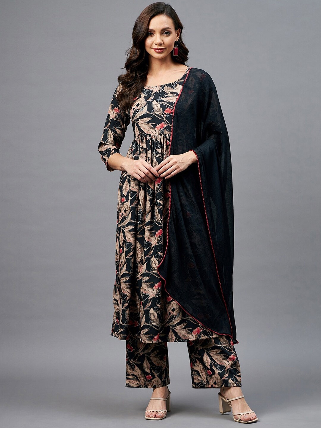 

Azira Floral Printed Kurta with Palazzos & Dupatta, Black