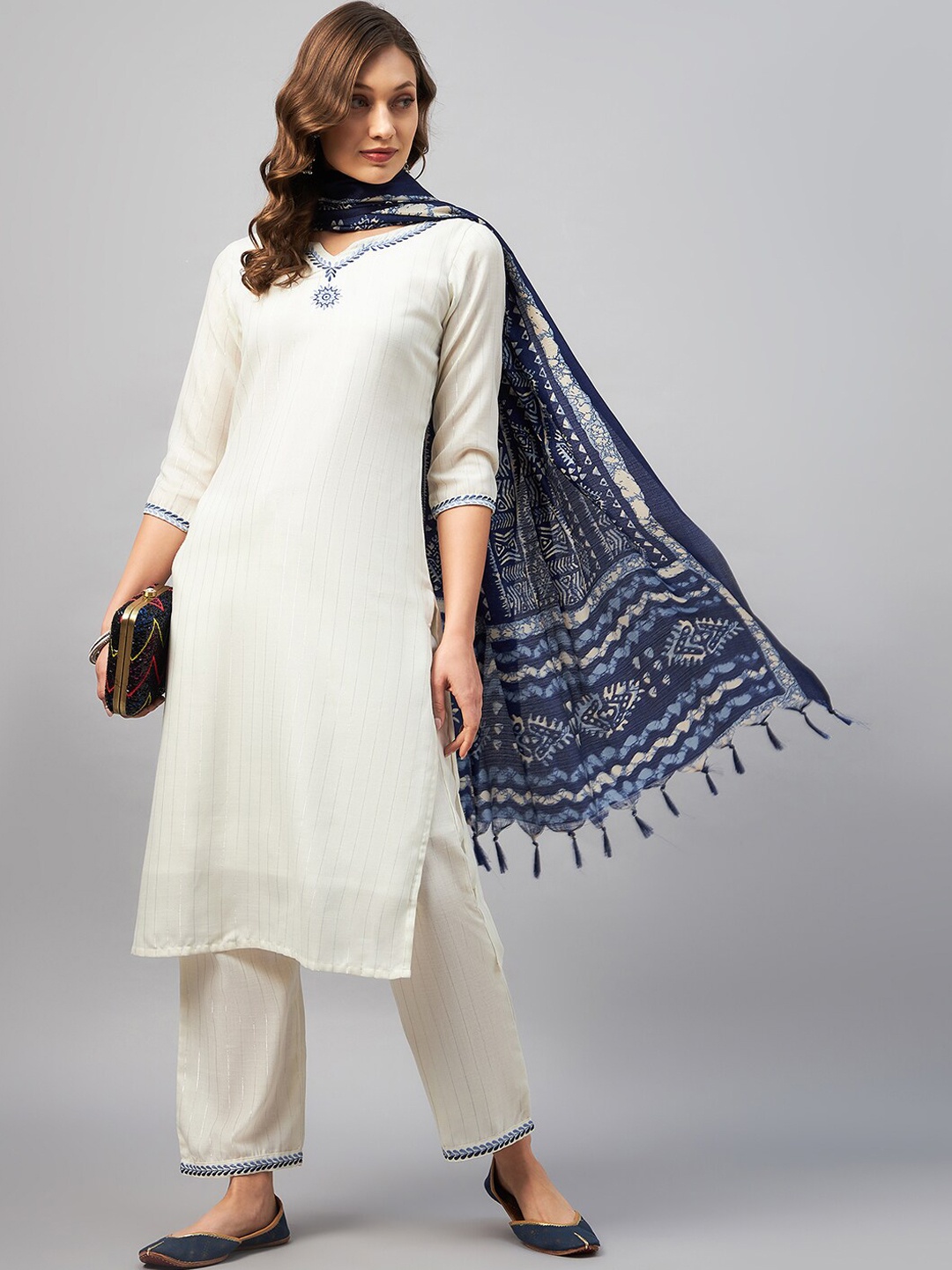 

Azira Striped Printed Thread Work Pure Cotton Kurta With Trousers & Dupatta, Off white