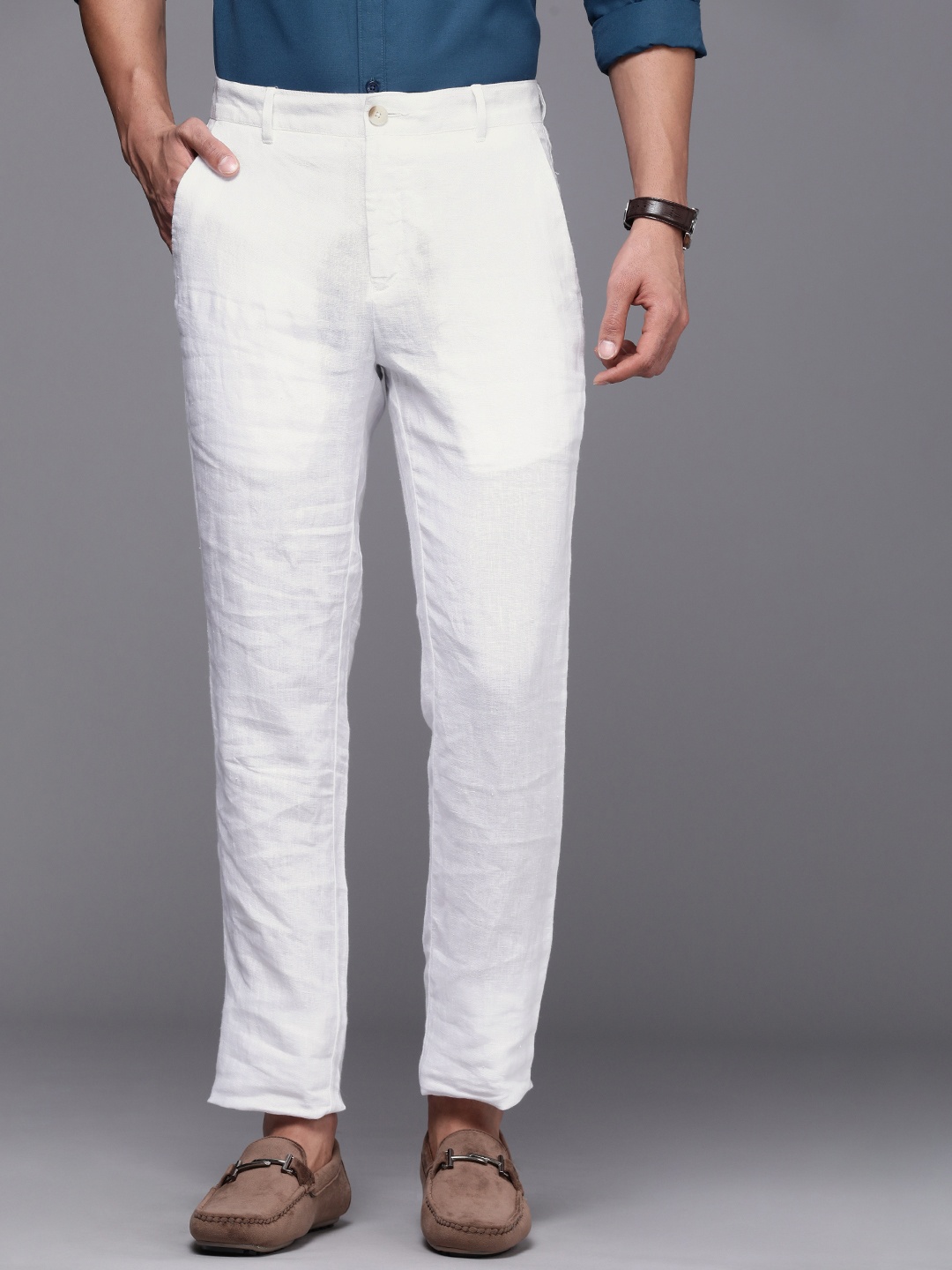

Raymond Men Pure Linen Solid Mid-Rise Contemporary Fit Chino Trousers, White