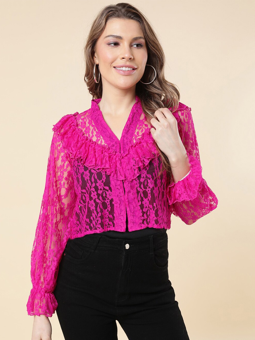 

A T U N Self Design Ruffles Lace Top, Fuchsia