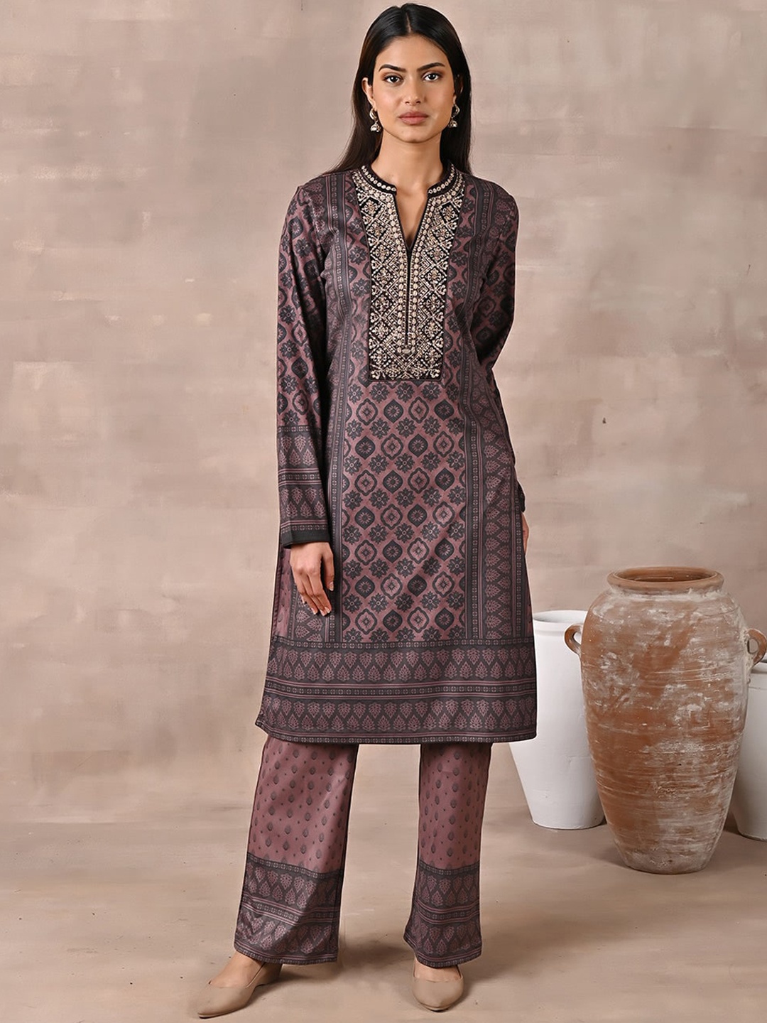 

Lakshita Ethnic Motifs Embroidered Band Collar Kurta with Palazzos, Brown