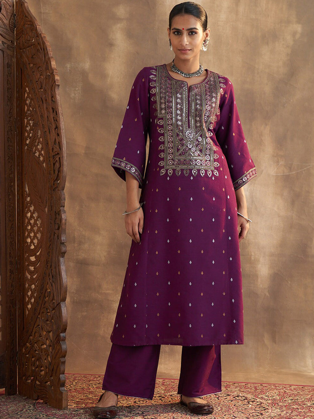 

Lakshita Notch Neck Ethnic Motifs Embroidered Sequined Work Kurta with Palazzos, Purple