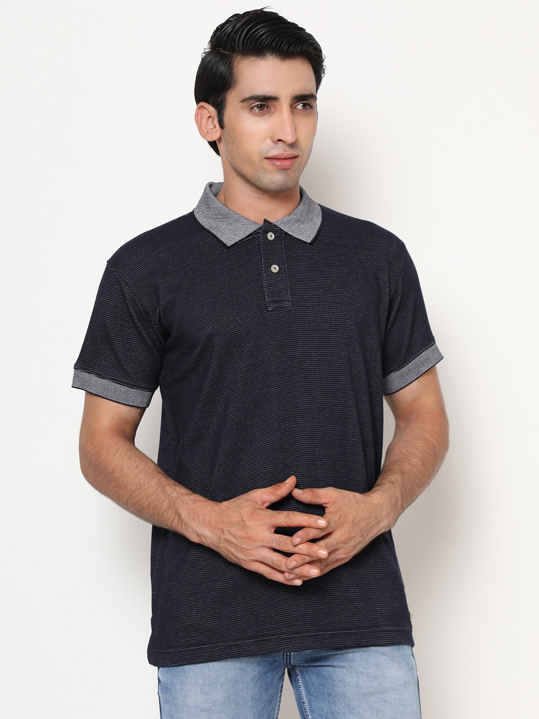

SHIRT THEORY Accentuated Polo Collar Self Design Cotton Slim Fit T-shirt, Navy blue