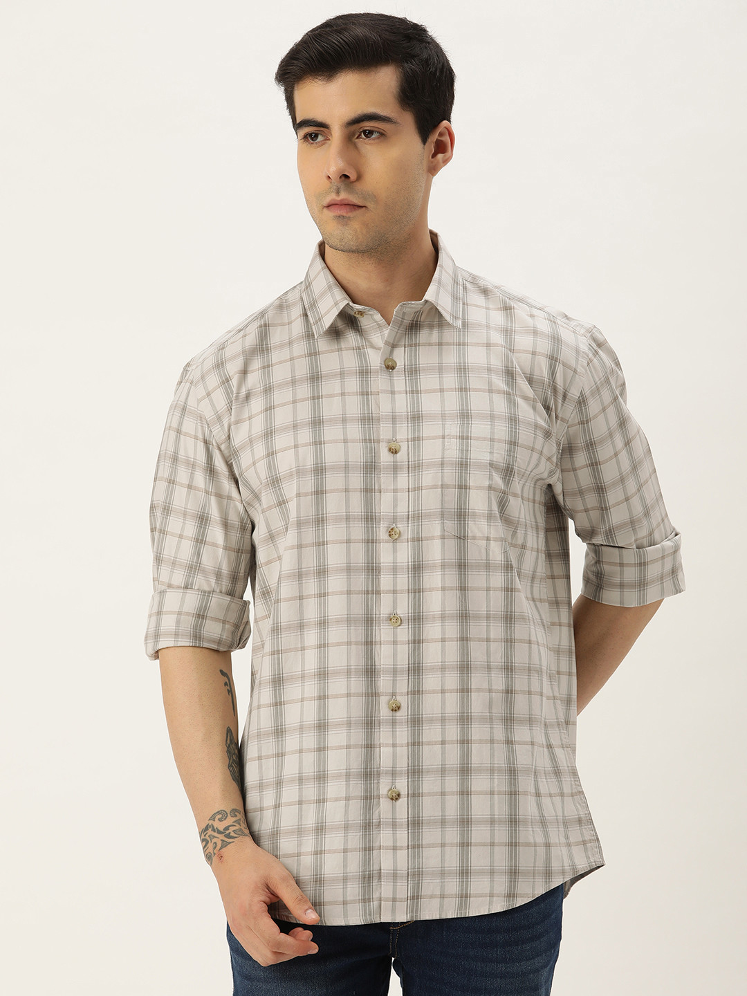 

Burnt Umber Comfort Tartan Checked Cotton Casual Shirt, Beige