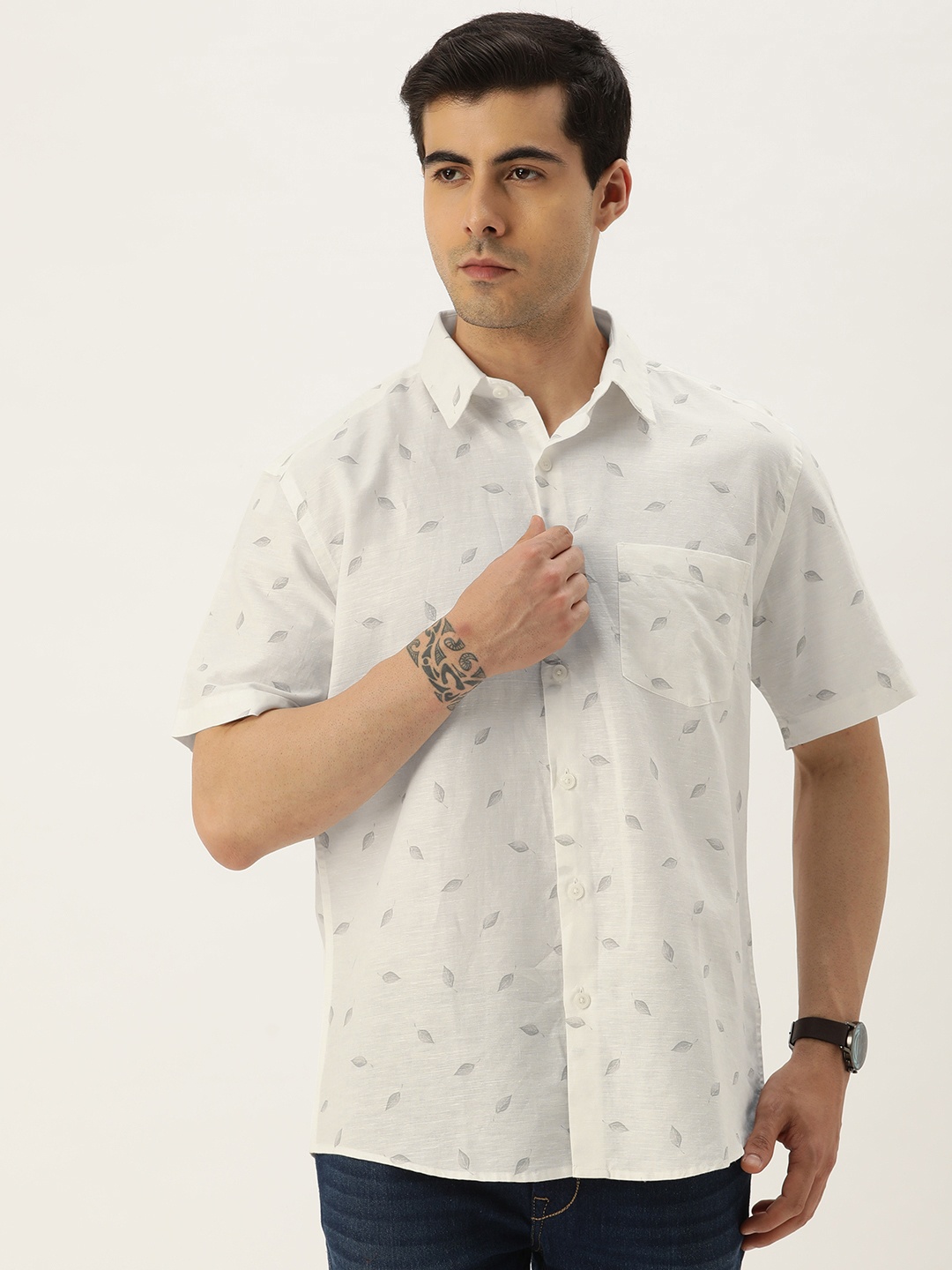 

Burnt Umber Comfort Printed Cotton-Linen Casual Shirt, White