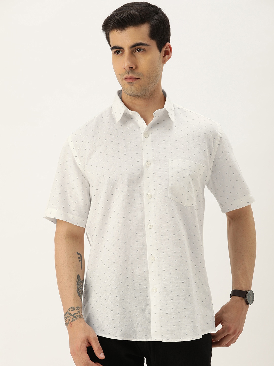 

Burnt Umber Comfort Printed Cotton-Linen Casual Shirt, White
