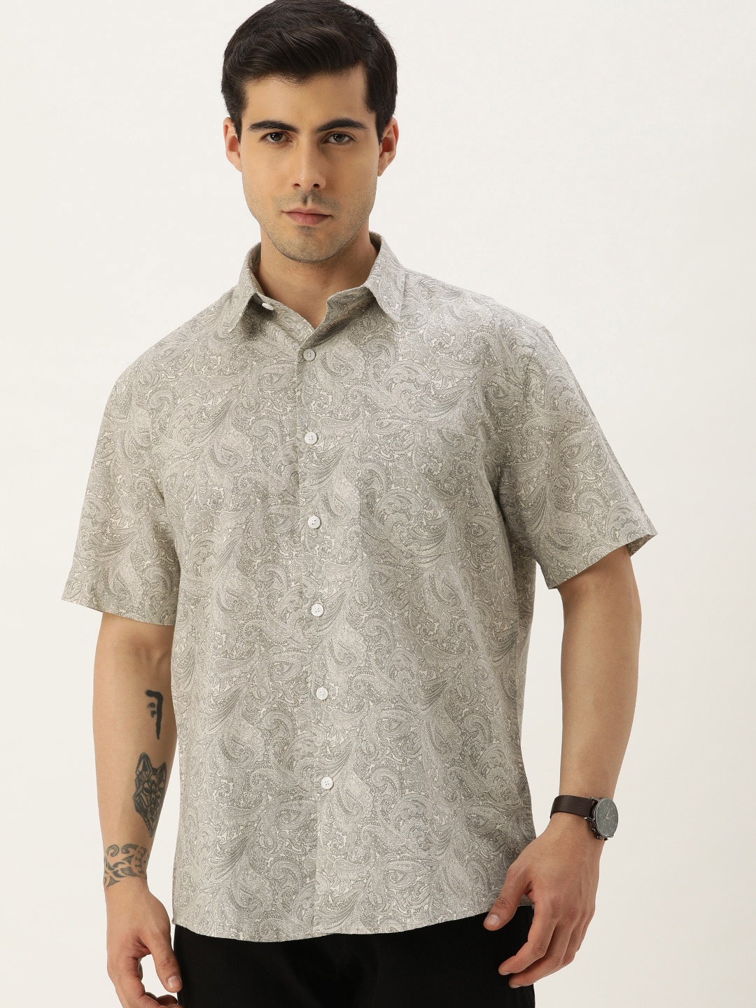 

Burnt Umber Comfort Printed Linen Cotton Casual Shirt, Grey