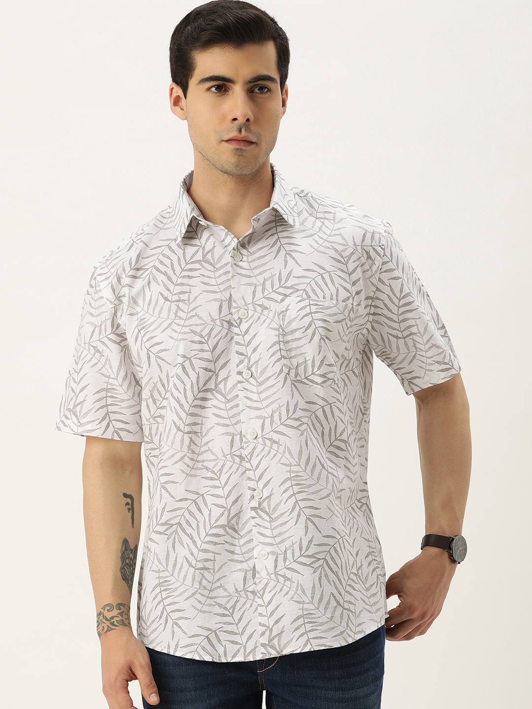 

Burnt Umber Comfort Floral Printed Cotton Casual Shirt, White