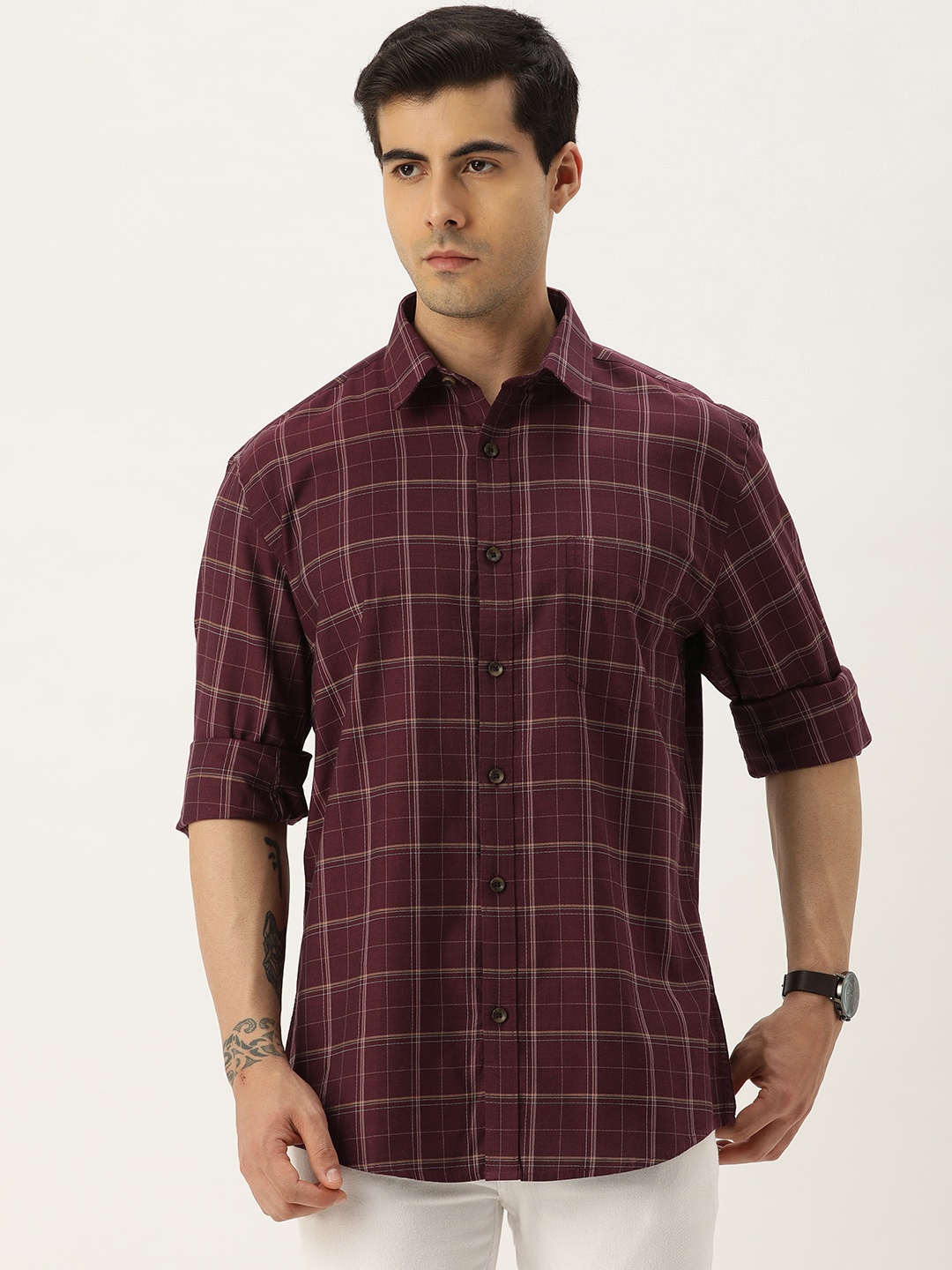 

Burnt Umber Comfort Windowpane Checked Cotton Casual Shirt, Maroon
