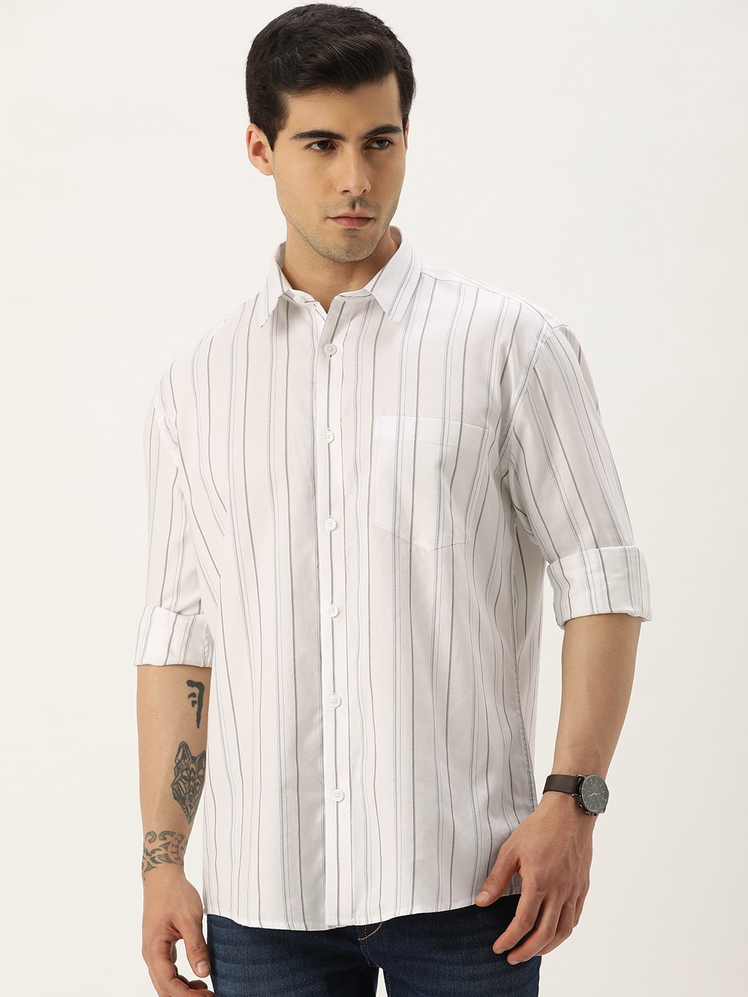 

Burnt Umber Comfort Striped Cotton Casual Shirt, White