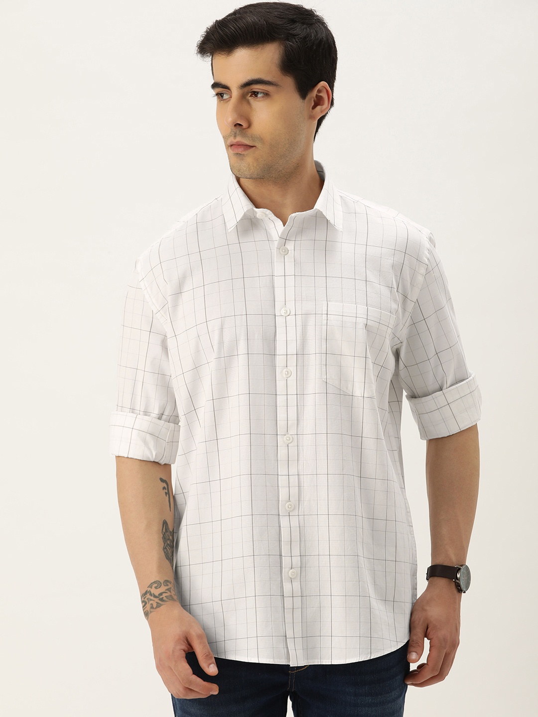 

Burnt Umber Comfort Windowpane Checked Cotton Casual Shirt, White