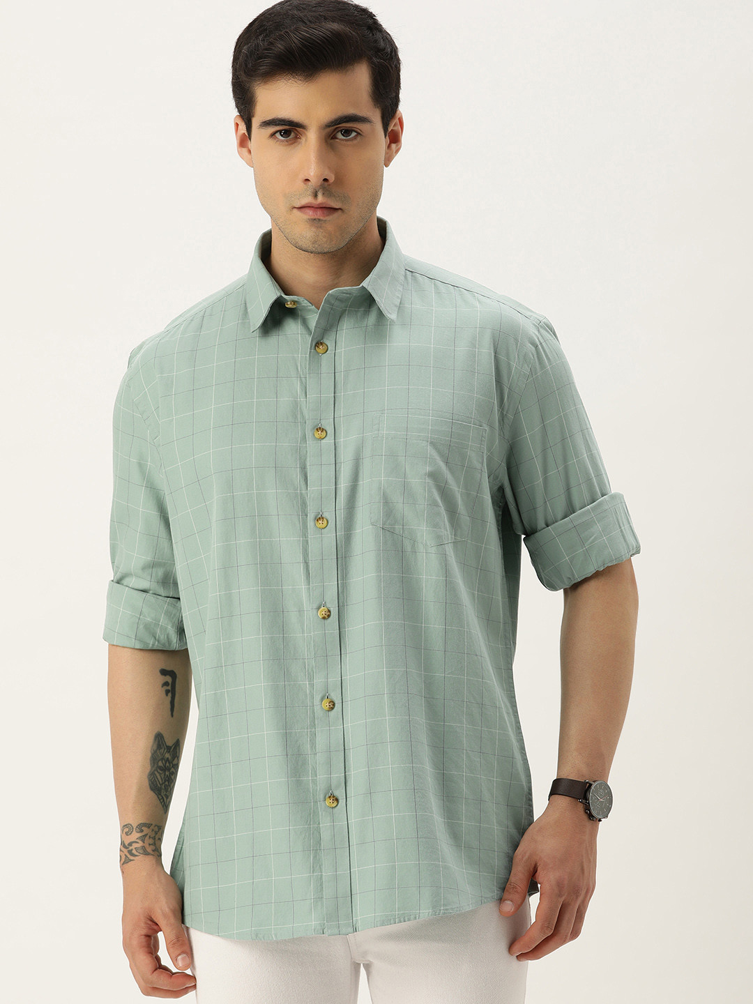 

Burnt Umber Comfort Windowpane Checked Cotton Casual Shirt, Sea green