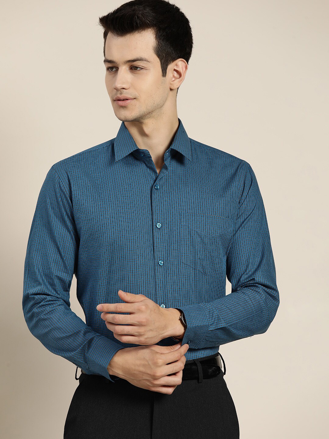 

Hancock Slim Fit Micro Checked Cotton Formal Shirt, Blue