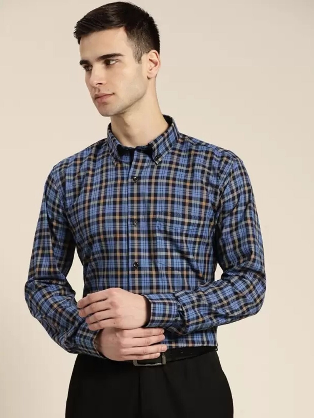 

Hancock Slim Fit Tartan Checks Cotton Formal Shirt, Blue