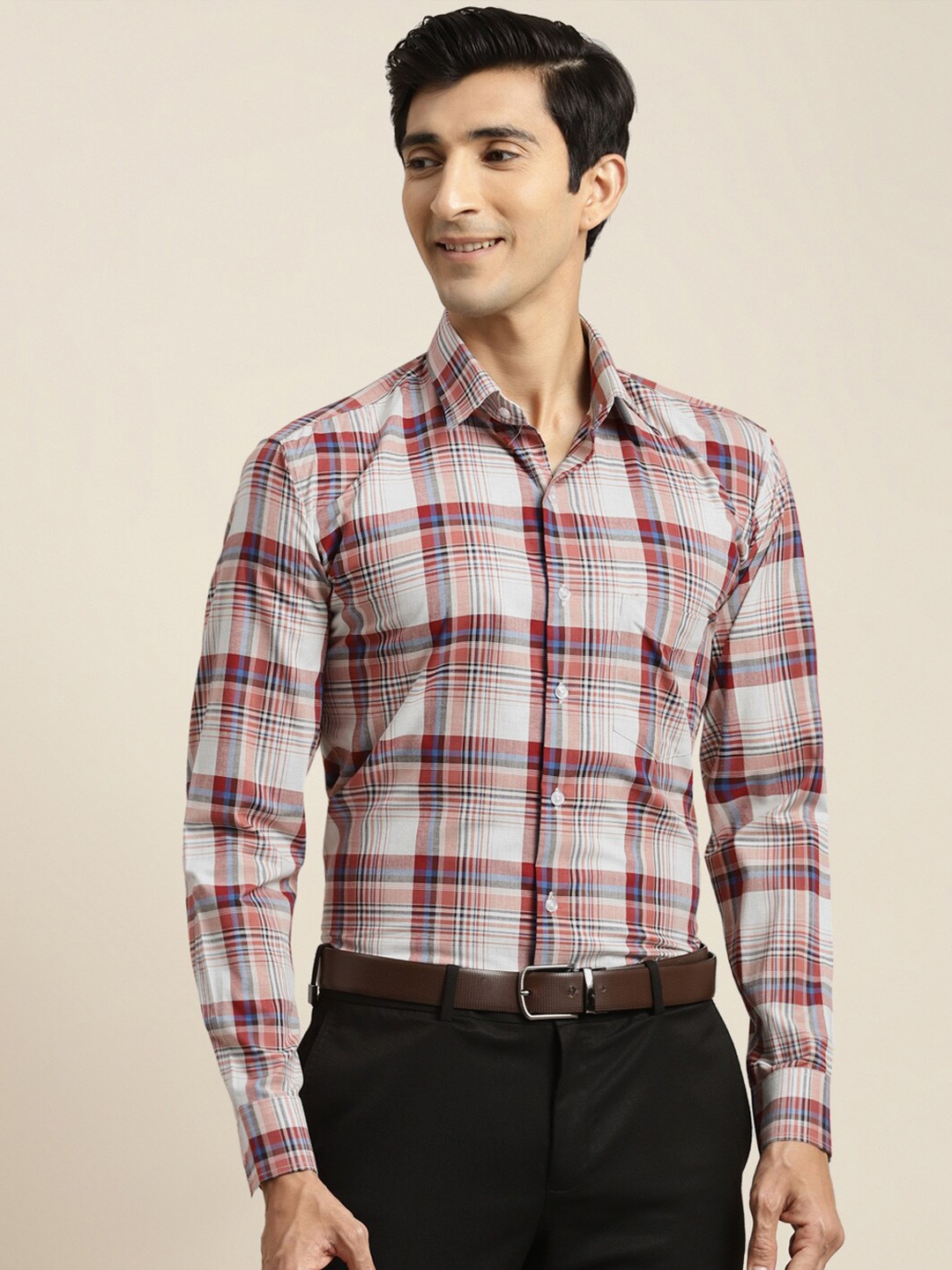 

Hancock Slim Fit Tartan Checks Cotton Formal Shirt, Cream