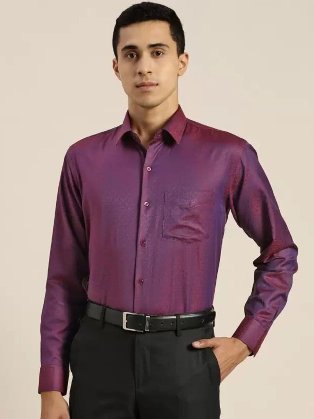 

Hancock Slim Fit Self Design Spread Collar Cotton Formal Shirt, Maroon