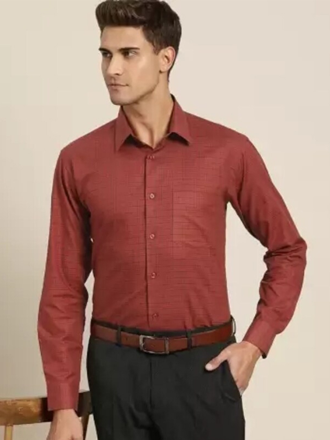 

Hancock Slim Fit Grid Tattersall Checks Cotton Formal Shirt, Maroon