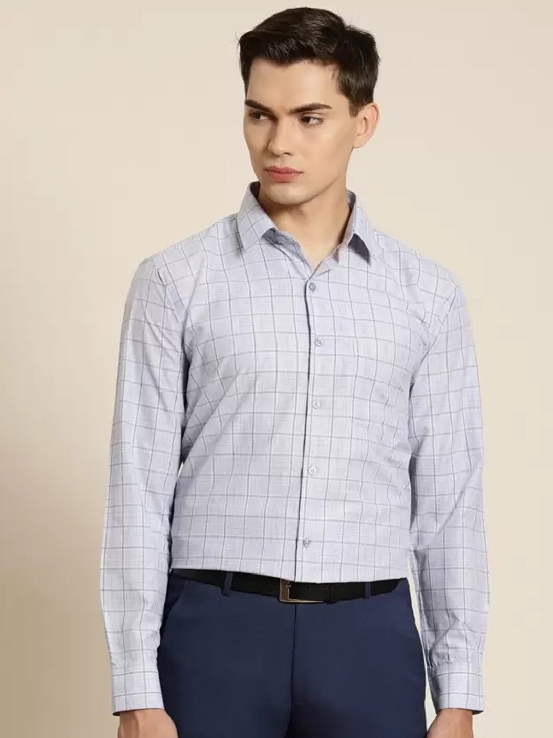 

Hancock Slim Fit Windowpane Checks Formal Shirt, Blue