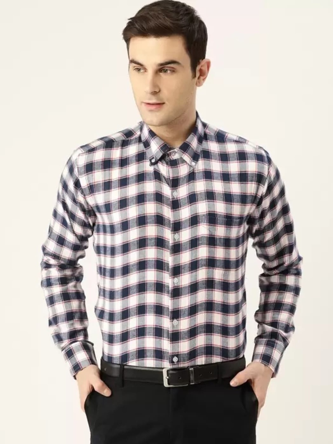 

Hancock Slim Fit Tartan Checks Cotton Formal Shirt, Navy blue