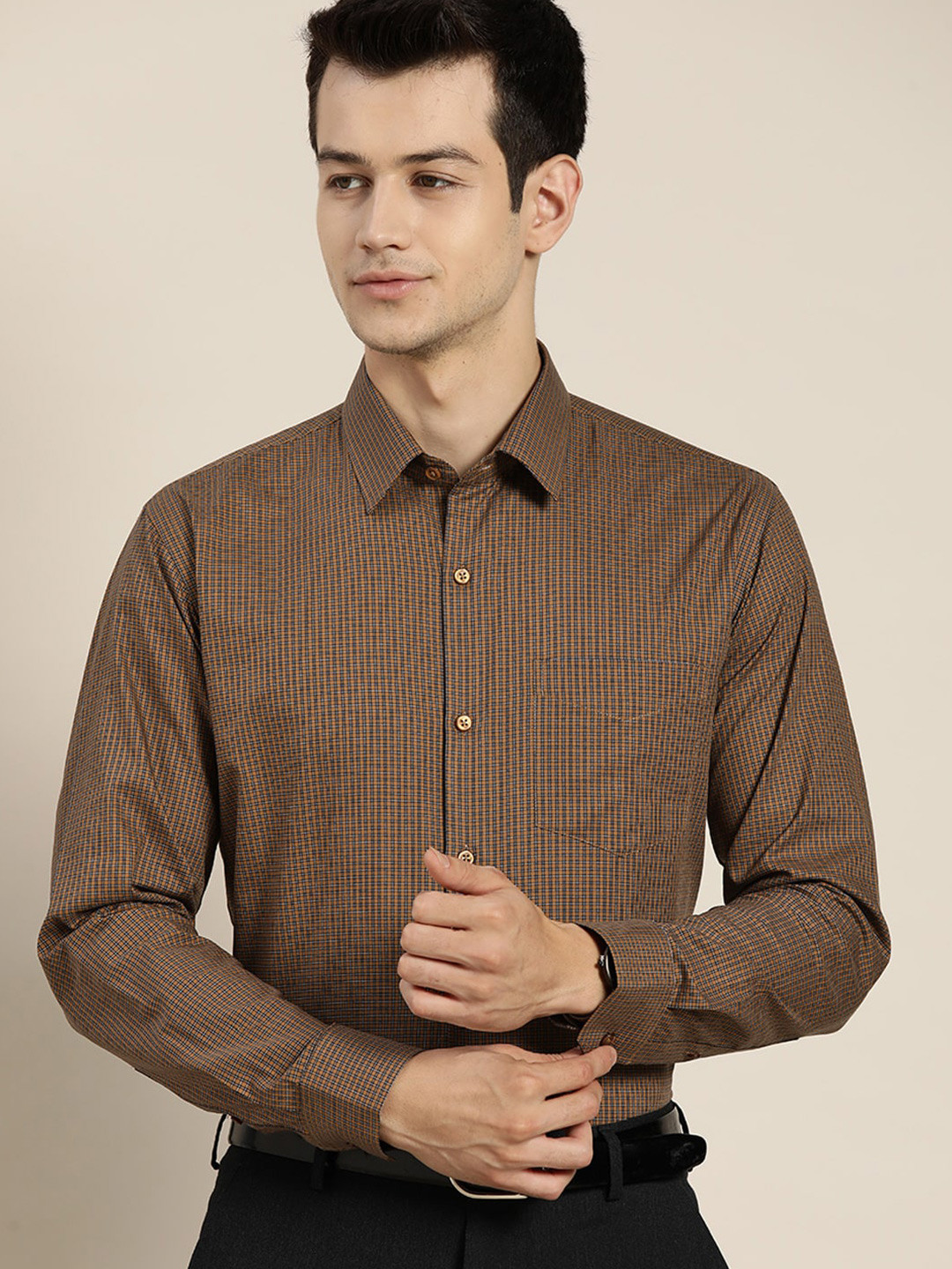 

Hancock Grid Tattersall Checked Slim Fit Formal Pure Cotton Shirt, Brown