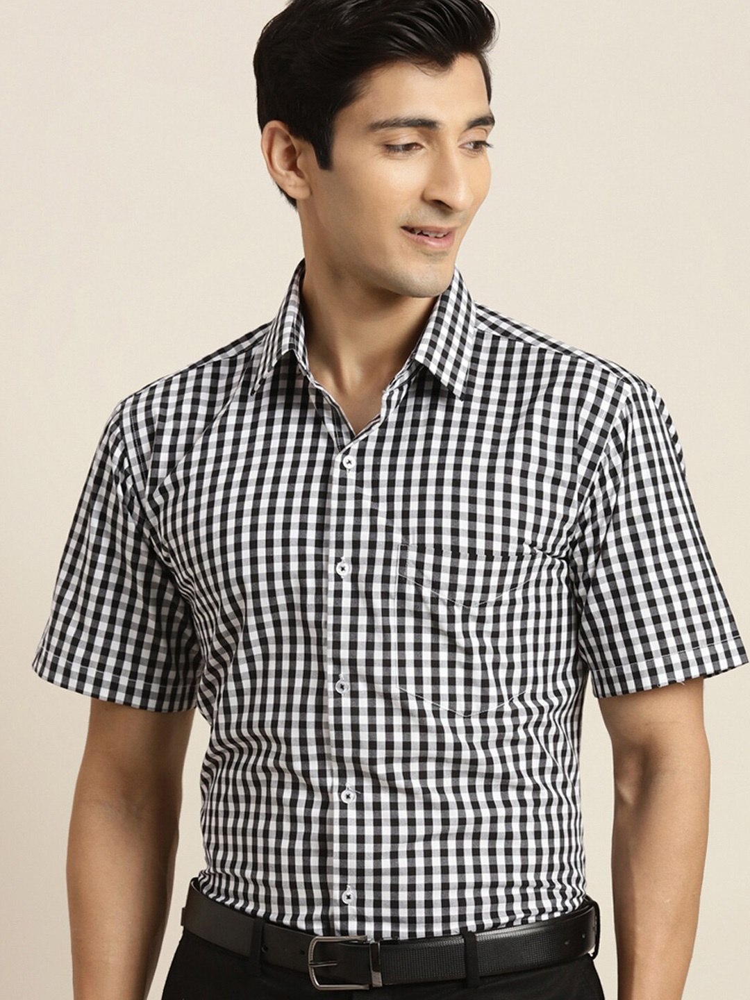 

Hancock Slim Fit Gingham Checks Checked Pure Cotton Formal Shirt, Black
