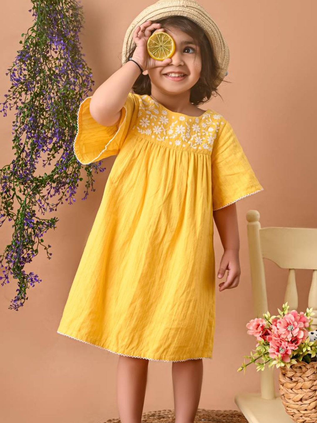 

Beebay Embroidery Angle Sleeve Dobby Dress, Yellow