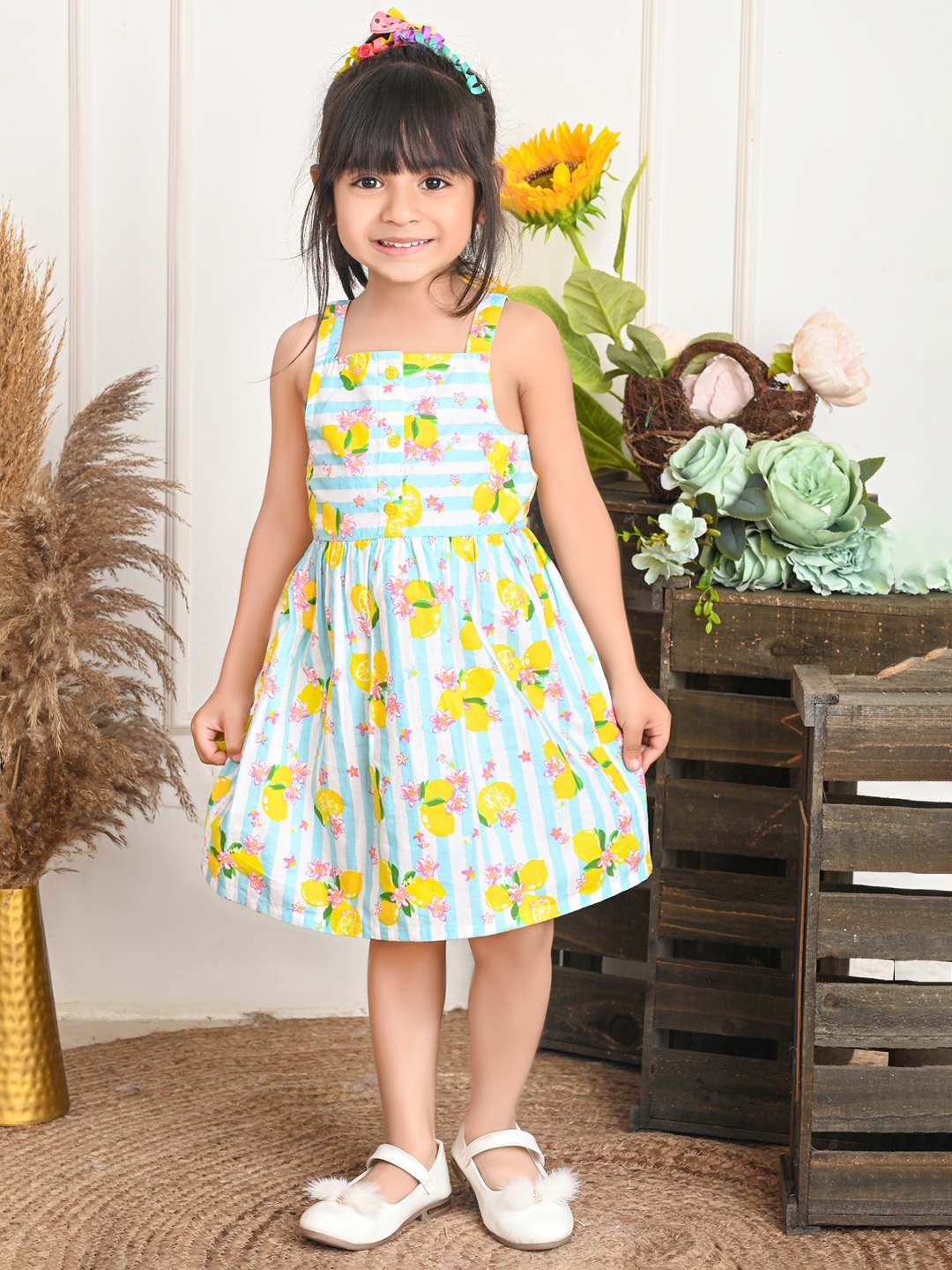 

Beebay Striped Lemon Print Cotton Dress, Blue