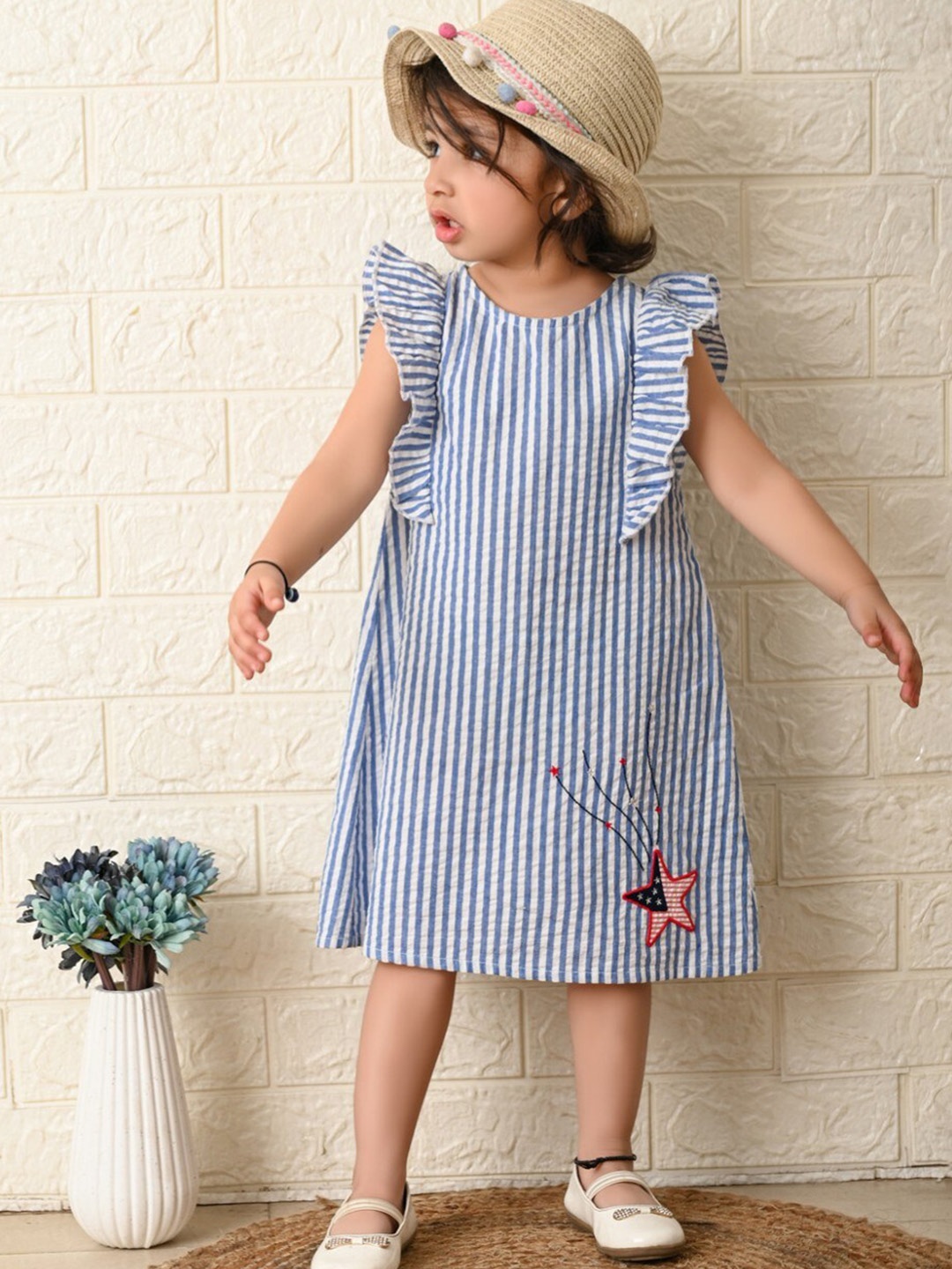 

Beebay Girls Seersucker Stripe Star Embroidered Dresss, Blue