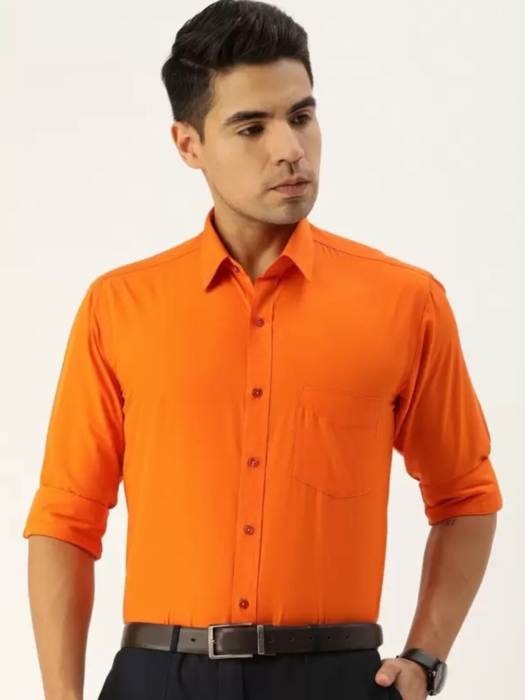 

English Navy Spread Collar Slim Fit Formal Shirt, Orange