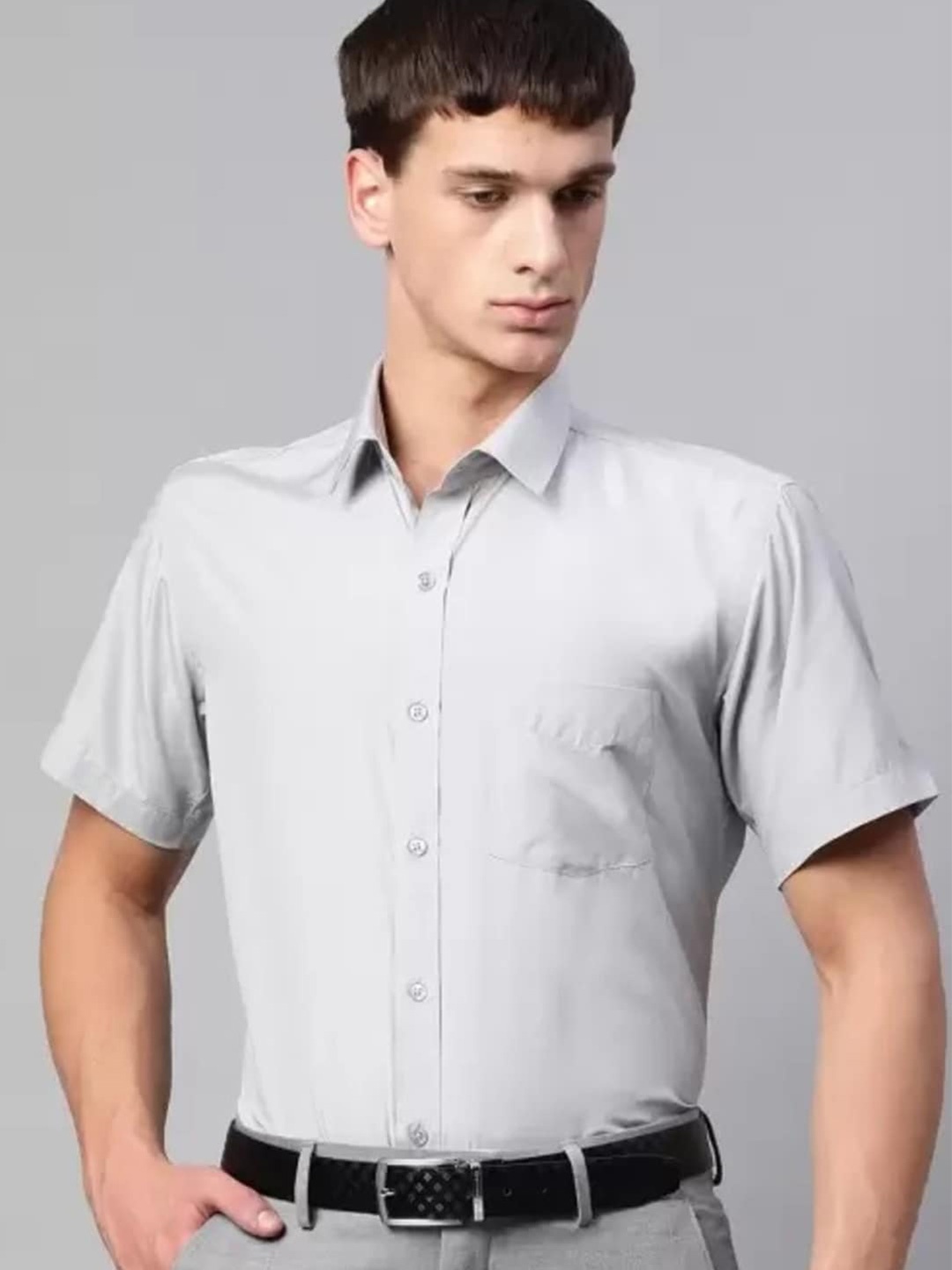 

English Navy Spread Collar Slim Fit Formal Shirt, Grey