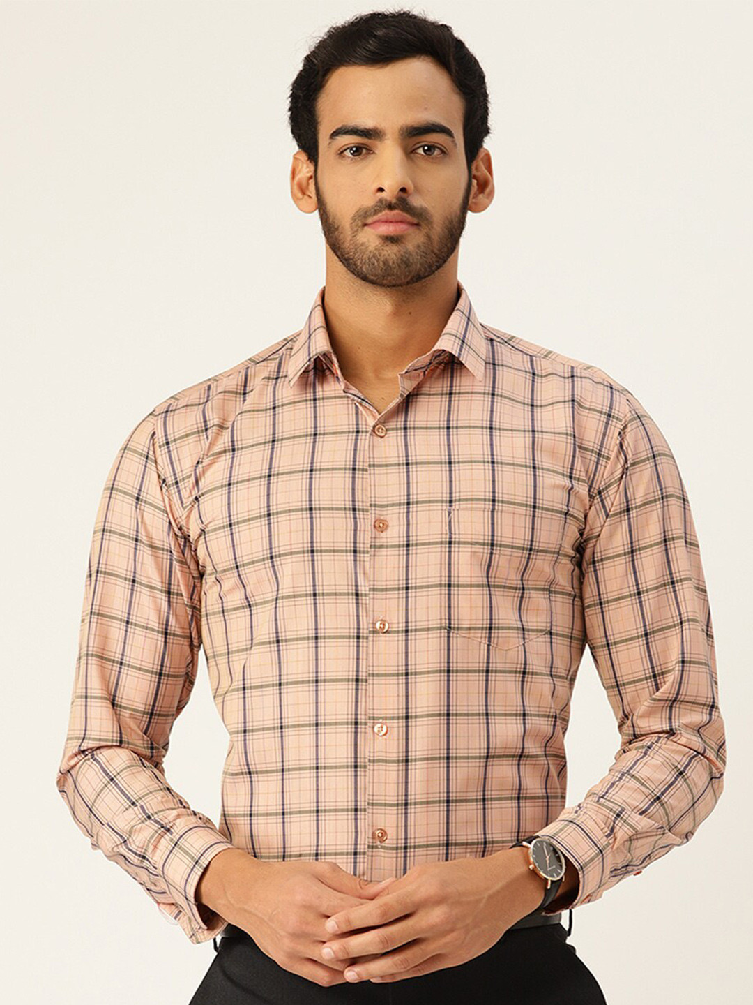 

English Navy Slim Fit Windowpane Checked Formal Shirt, Peach