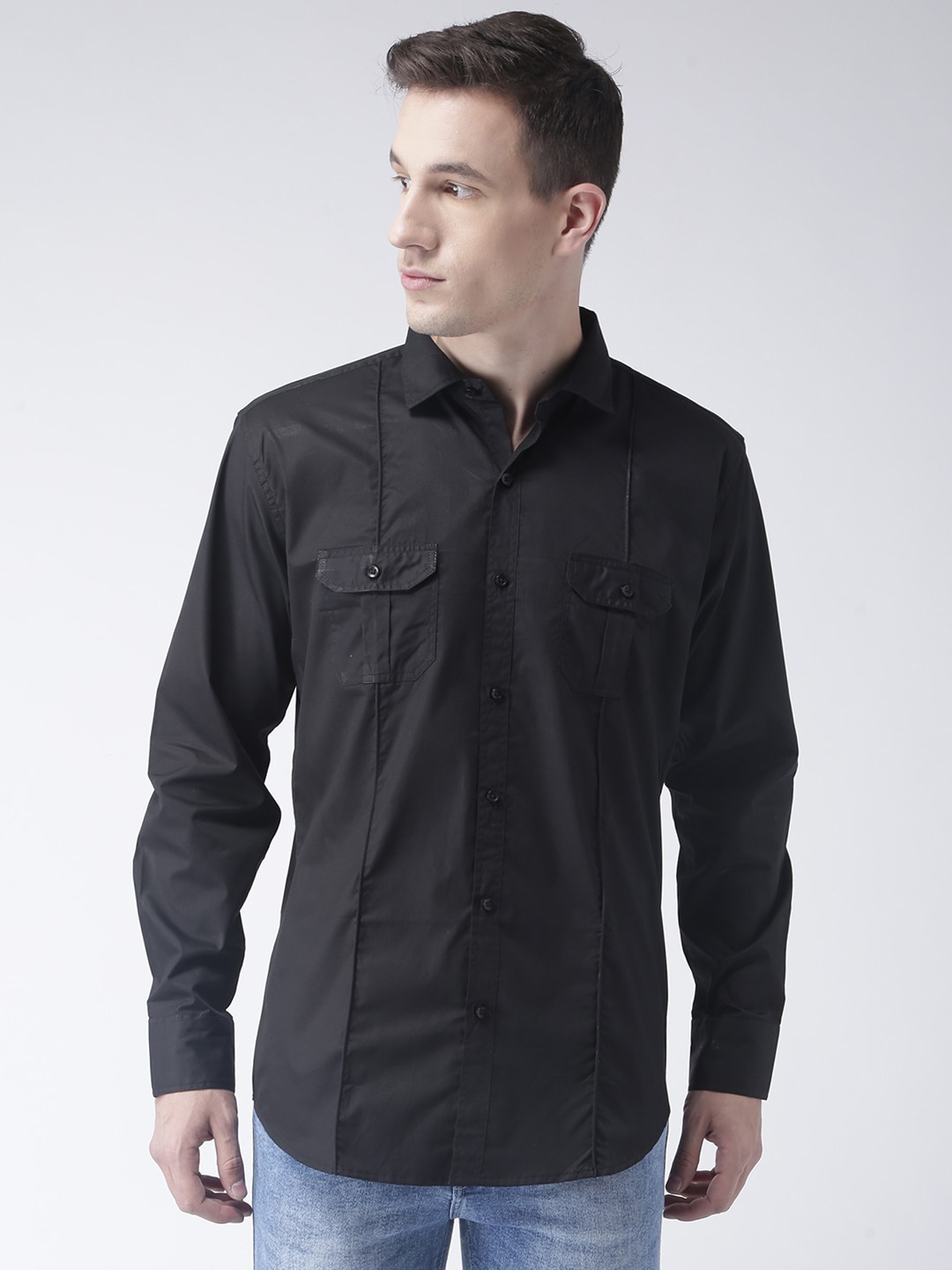 

Hangup Spread Collar Slim Fit Cotton Casual Shirt, Black