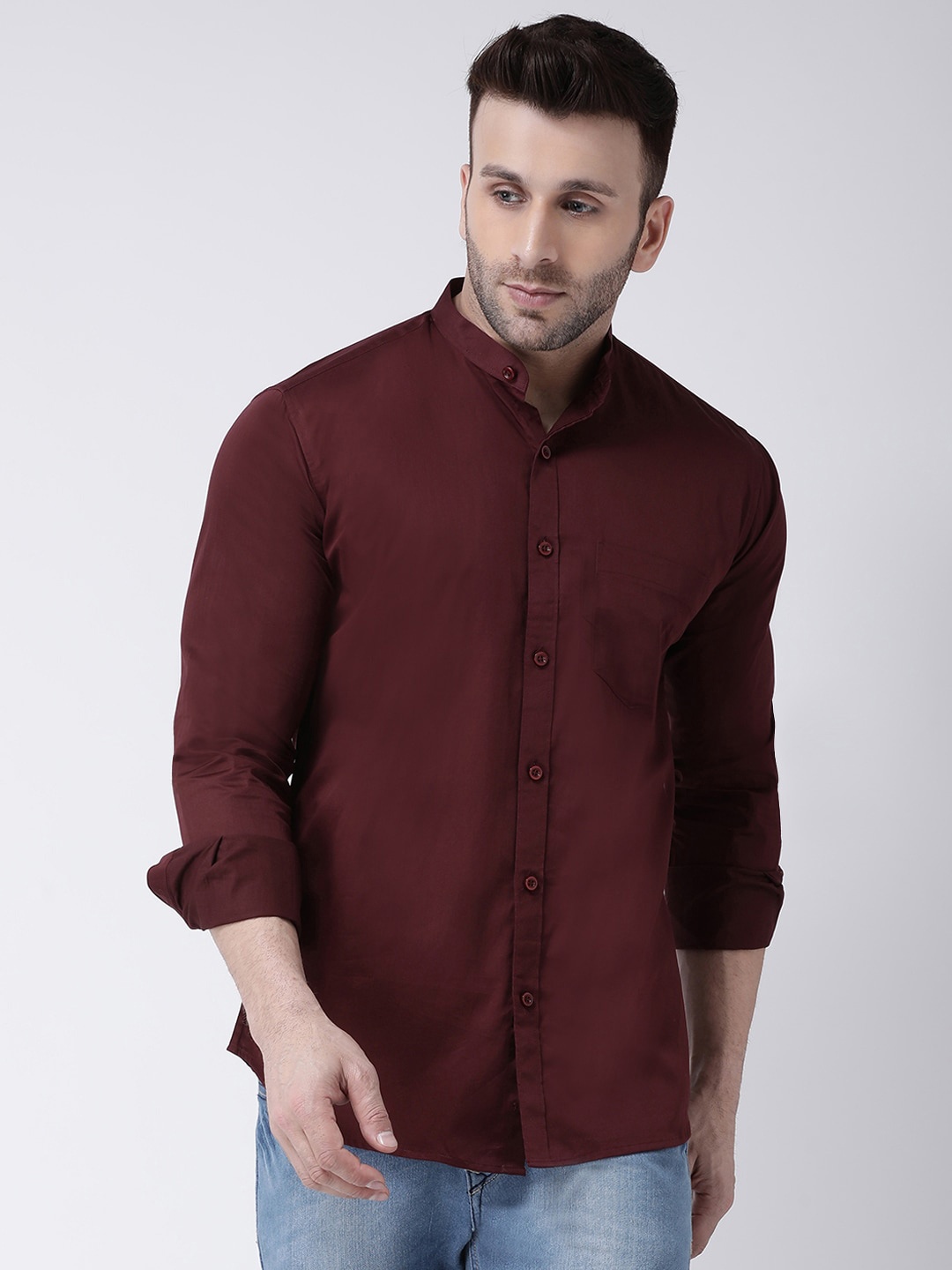 

Hangup Band Collar Slim Fit Cotton Casual Shirt, Maroon