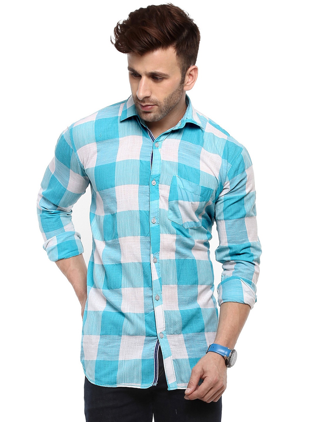 

Hangup Slim Fit Checked Cotton Casual Shirt, Blue