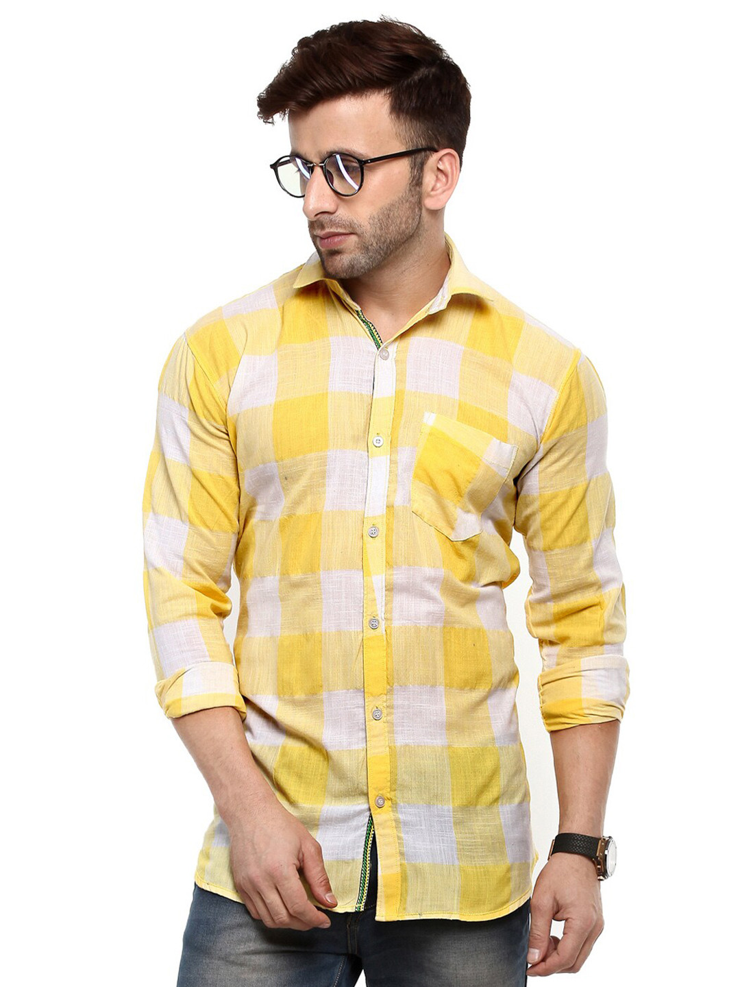 

Hangup Slim Fit Checked Cotton Casual Shirt, Yellow